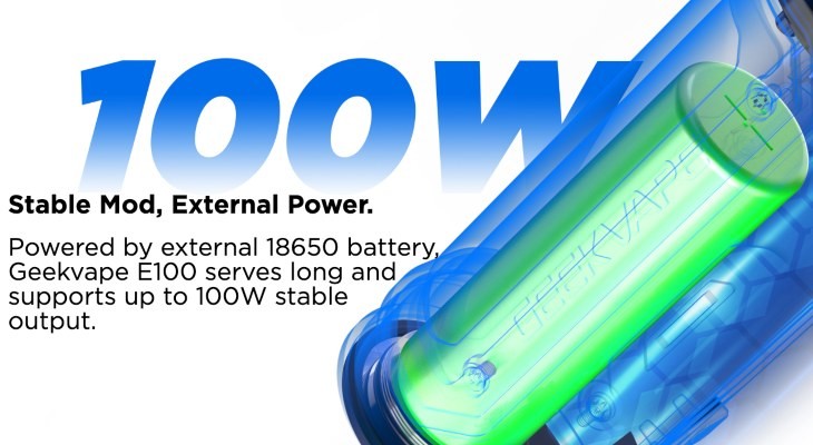 A blue Geekvape E100 vape kit with a green battery inside.
