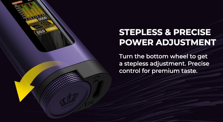 A purple Uwell Crown D vape kit with its power adjustment wheel at the bottom.