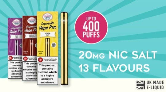 3 Dinner Lady disposable vape pens: Lemon Tart, Smooth Tobacco and Fruit Mix. with device specs (400 Puffs, 20mg nic strength) and amount of flavours available