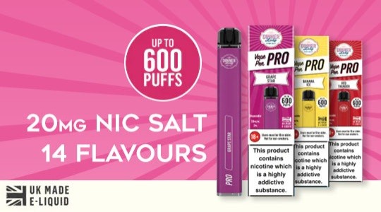 3 Dinner Lady Vape Pen Pros: Grape Star, Banana Ice, Red Thunder. Lits of the disposables specs - 600 puffs, 14 flavours available in a 20mg nicotine strength