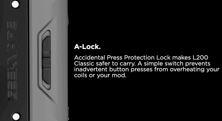 The A-Lock switch on a grey Geekvape L200 Classic vape kit.