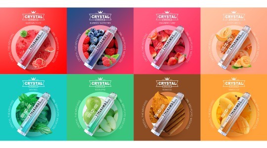 Eight Crystal Bars sit on coloured backgrounds along with pictures of the fruit, mint and tobacco that the flavours have been based on.