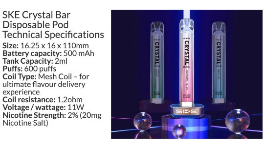 Key stats about the Crystal Bar are displayed next to a trio of devices. The text points out key facts like the bars’ 20mg nicotine strength, 500mAh battery and 600 puff count.