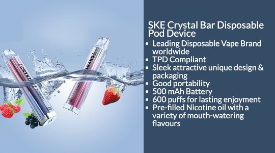Two Crystal vape bars are submerged in water alongside raspberries, blueberries and strawberries. Key features like the devices’ sleek design are outlined in the text next to them. 