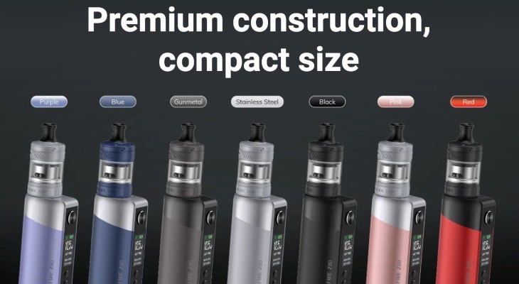 Seven Innokin Coolfire Z60 vape kits in a row with different colourways.