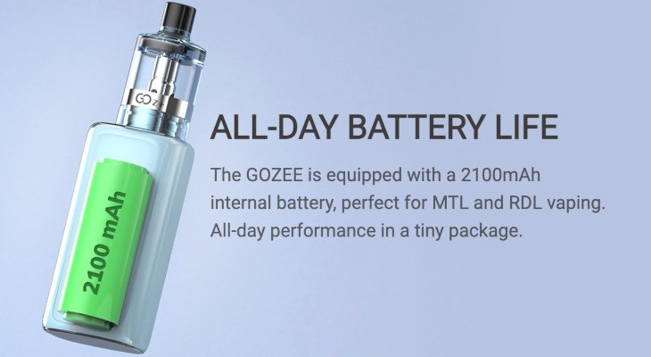 A pale blue  Innokin GOZEE vape kit is shown with a graphic of its 2100mAh battery inside of it against a sky blue background.