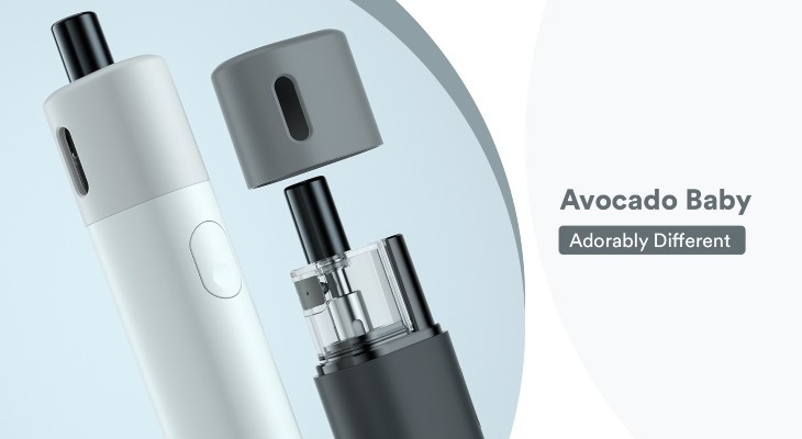 Two Avocado Baby vape kits. One white kit featuring the button, one black kit featuring the pod and removable cap.