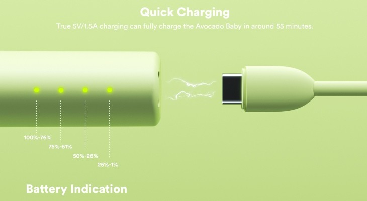 Base of Avocado vape kit, showing LED battery display, charging time and USB-C charging cable.