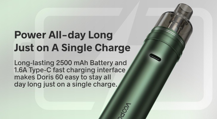 Thanks to its large built-in battery, the VooPoo Doric 60 pod kit can last all day on one charge. 