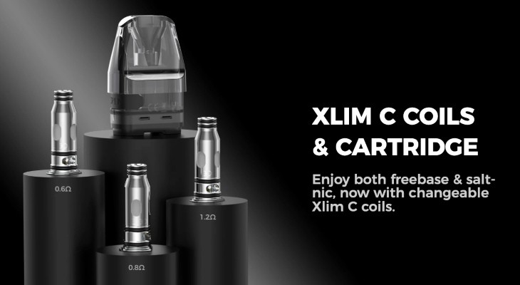 The OXVA Xlim C pod is on a podium with three Xlim C coils on lower podiums of varying heights.