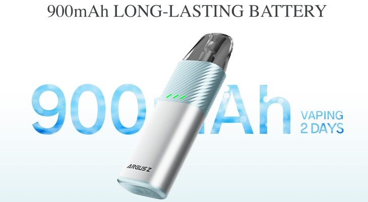A silver VooPoo Argus Z vape kit with text included that displays its long battery life.