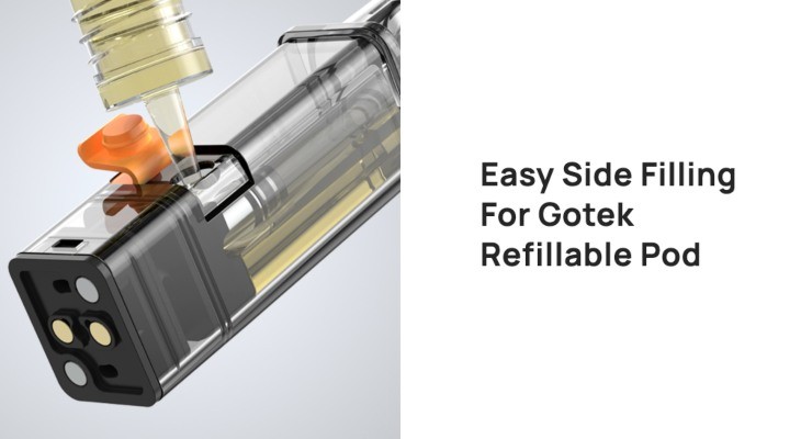 An Aspire Gotek pod being filled from the side showing how easy it is to add e-liquid.