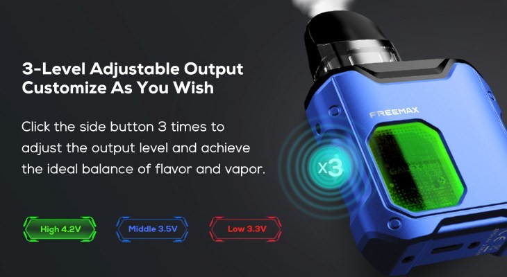 A blue Freemax Galex vape kit with vapour coming from the mouthpiece.