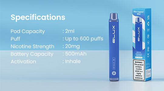 The Elux Legend Mini disposable vape has enough e-liquid to produce up to 600 puffs in each device.