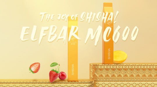 Two ElfBar MC600 disposable vapes are shown on different levels of a gold patterned platform with fruit.