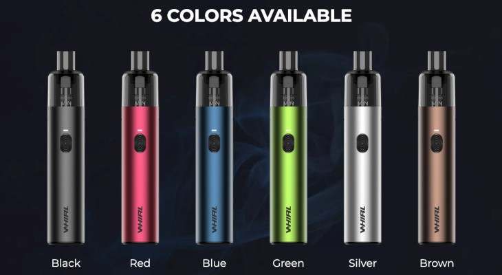 A series of Uwell Whirl S2 vape kits in black, red, blue, green, silver and brown against a navy background with white text underneath.