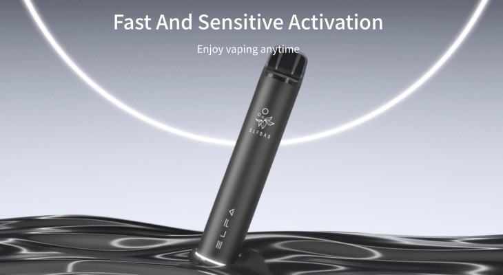 the top half of a black Elf Bar Elfa vape kit is in front of an artistic background.