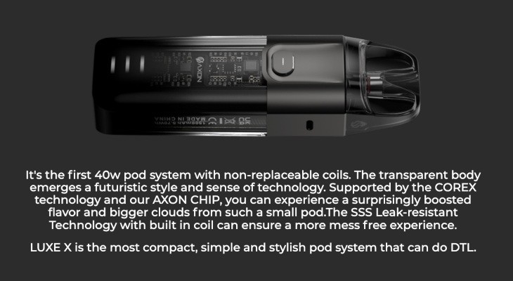 A purple and black Vaporesso Luxe X vape kit is shown against a purple background with white text below.