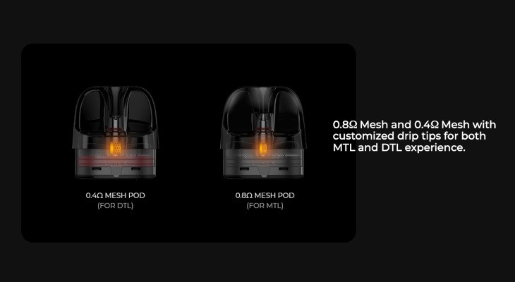 Two Vaporesso Luxe X pods with illuminated coils are shown against a black background.