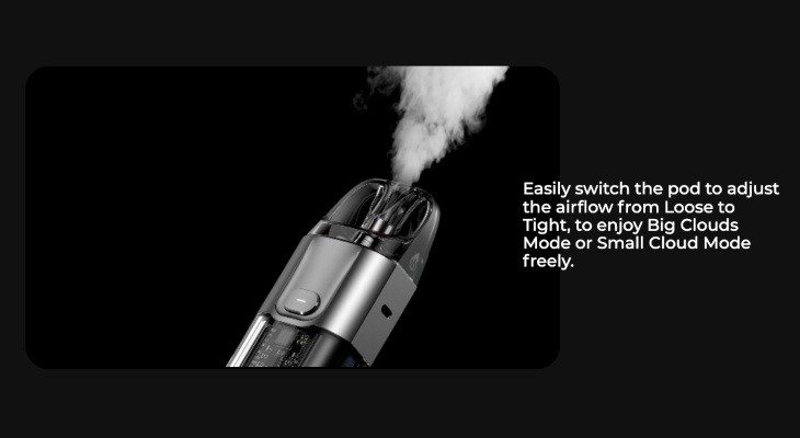 A silver and black Vaporesso Luxe X vape kit shown expelling vapour from the pod’s mouthpiece against a black background.