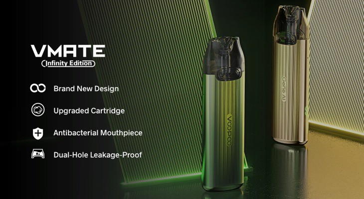 Full shot of the Voopoo VMate Infinity vape kit and lists it new features.