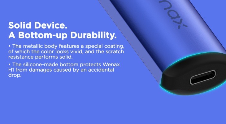 Tha base of a Geek Vape Wenax H1 and text describing the build quality features.