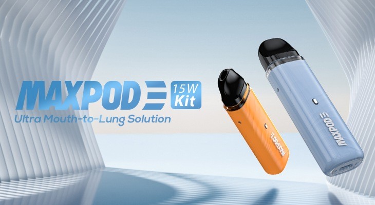 Two orange and light blue Freemax Maxpod are floating against a sky blue background.