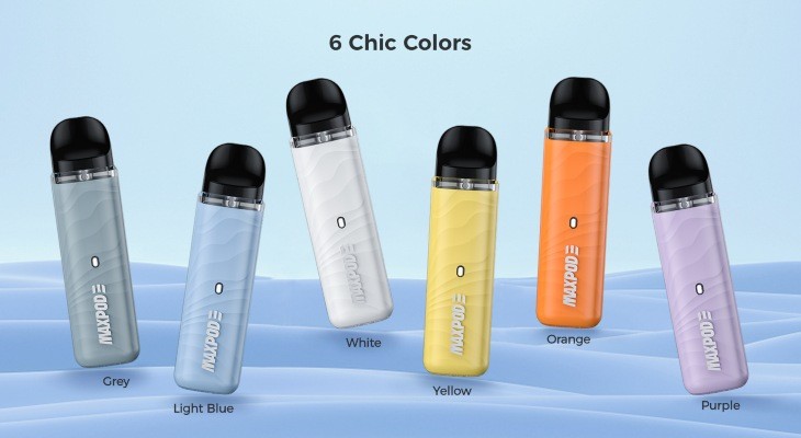 Six Freemax Maxpod 3 vape kits in a selection of different colours against a light blue background.
