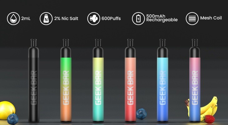 Six Geekbar J1 vape kits in a selection of colours with fruit.