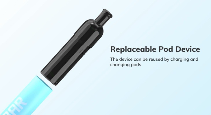 A light blue Geekbar J1 with the pod removed against a sky blue background with black text.