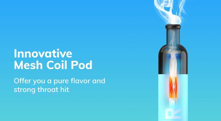 A Geekbar J1 prefilled pod kit with vapour coming from an illuminated coil inside the pod.