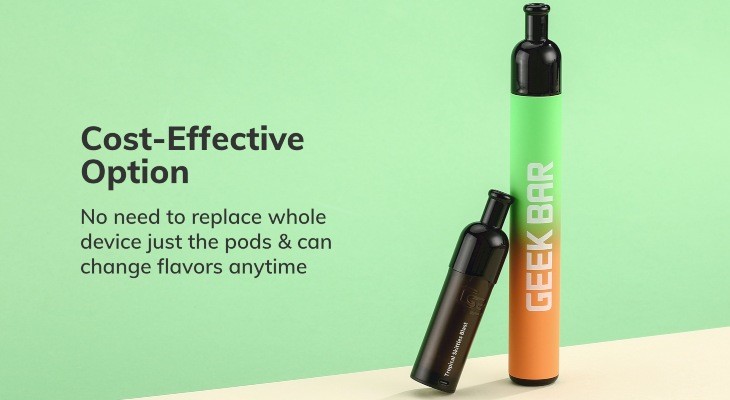 A green and orange Geekbar J1 kit with a prefilled pod next to it on a beige surface.