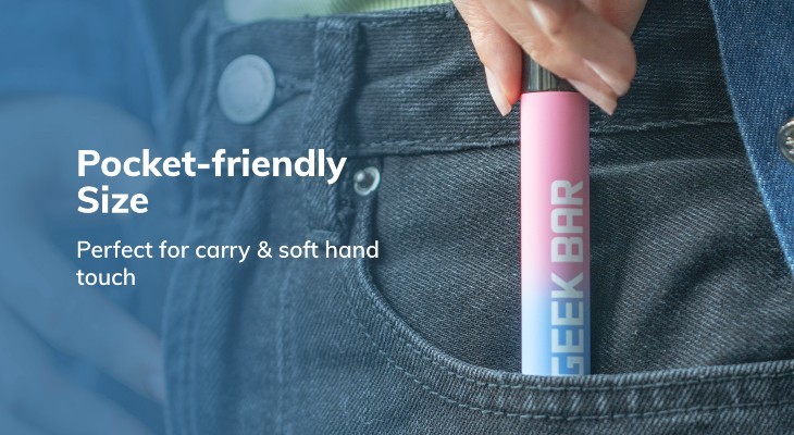 A pink and blue Geekbar J1 prefilled pod in someone's jean pocket.