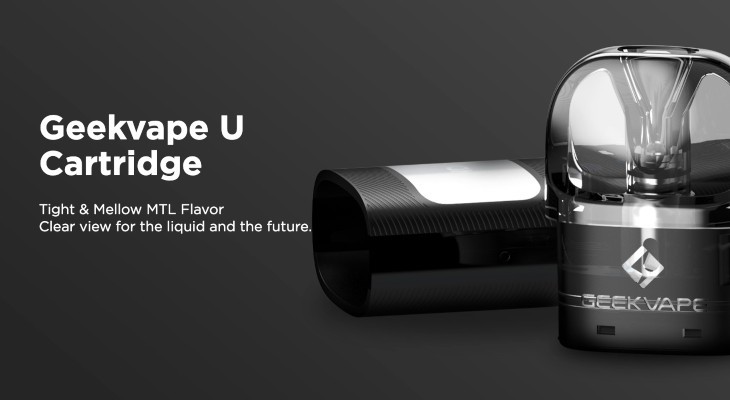 A black Geekvape U cartridge is shown next to a Geekvape Sonder U vape kit against a black background.