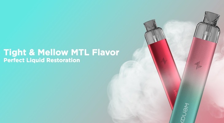 A Red and Pink Green Geekvape Wenax K1 SE are shown with clouds of vapour underneath against a turquoise and pink background.