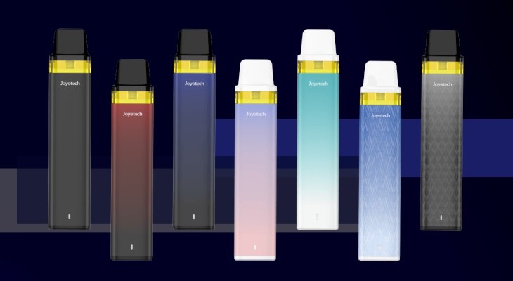 Seven Joyetech Widewick vape kits are shown next to each other in a variety of colours.