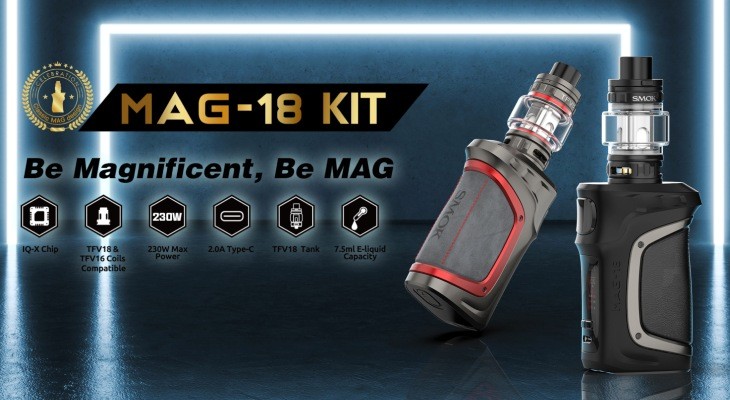 Two complete Smok Mag-18 Kits, and a list of the kit's features including, USB-C charging, Compatible with Smok TFV18 and TFV16 coils.