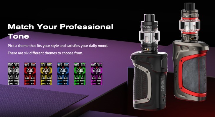 Two Smok Mag-18 vape kits, and 6 different coloured menus.