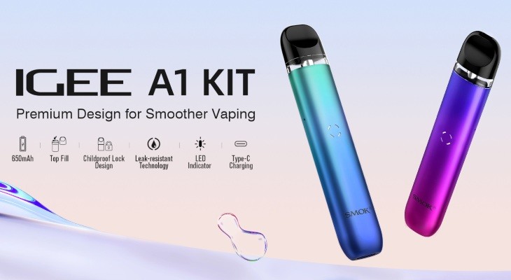 Two IGEE A1 vape kits in blue and purple next to water.