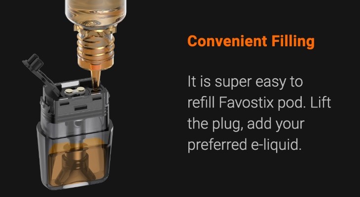 The Favostix pods are available in two variants, as a 0.6 Ohm pod and a 1.0 Ohm pods, both featuring a bottom fill process for hassle free refilling.