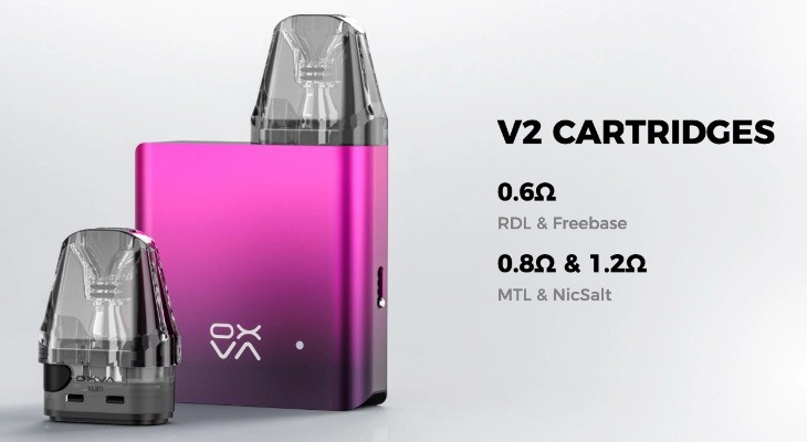 A Pink Black OXVA Xlim V2 vape kit with a Xlim V2 cartridge next to it.