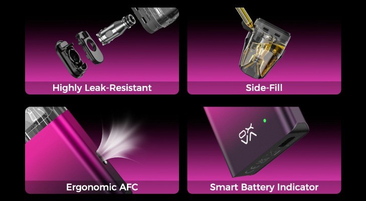 Four panels showing leak-resistant tech, an OXVA Xlim V2 pod being filled, an air inlet with vapour coming out and a green LED light.