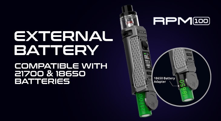 A Smok RPM 100 vape kit with its battery showing.