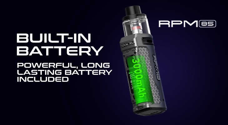 The Smok RPM 85 vape kit appears with an image of a battery imposed on top of it.