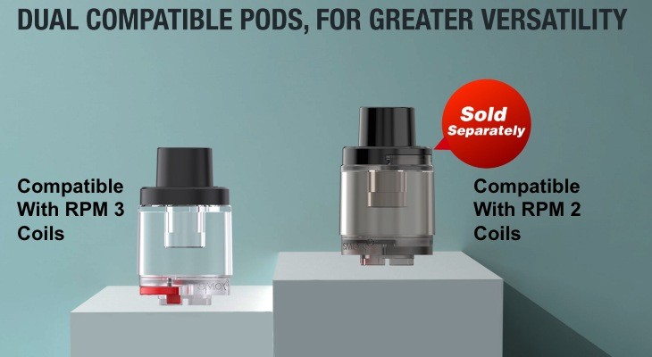 Two Smok RPM 85/100 pods are placed on different levels on a podium-like stand.