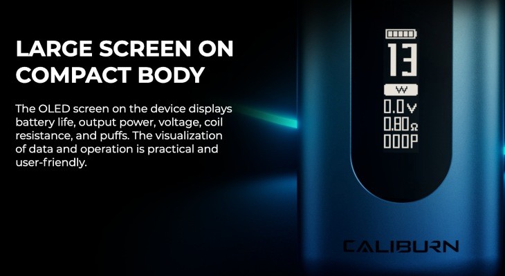 The display screen of an Ink Blue Uwell Caliburn X vape kit.