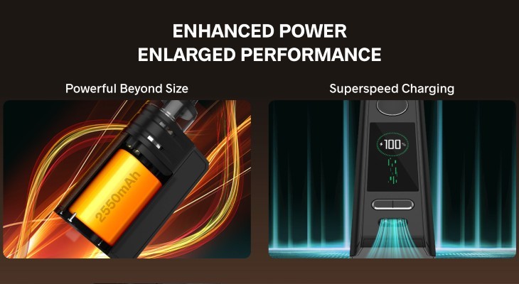 The Voopoo Drag E60 vape kit’s 2550mAh in one image and it’s display screen in the other.