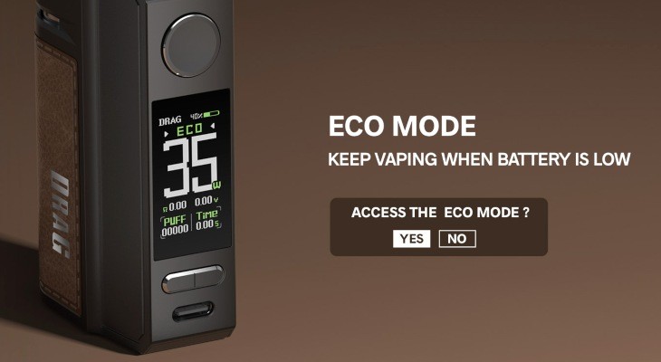 A Voopoo Drag E60 vape kit with its display screen showing.