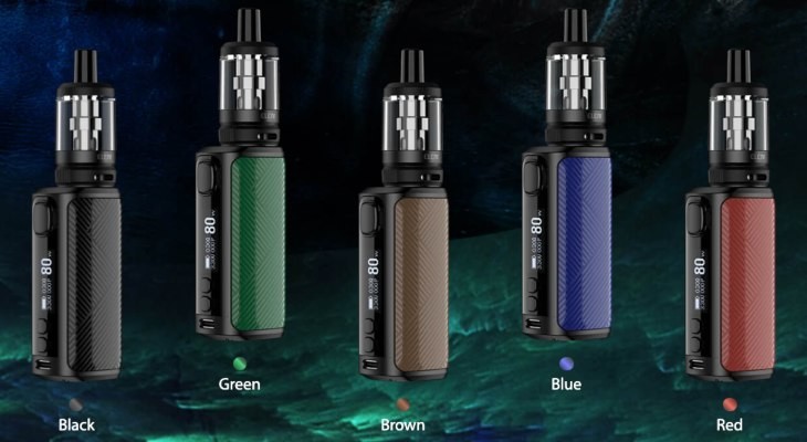Five Eleaf iStick i80n vape kits in a row in different colours.