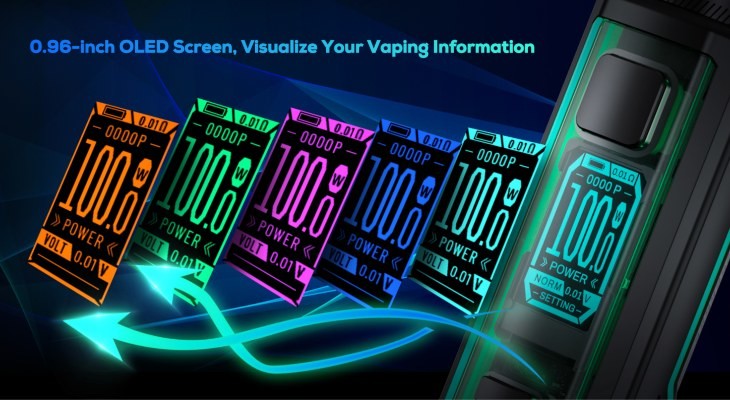 A Freemax Marvos X 100W vape kit with its OLED screen on display in different colours.